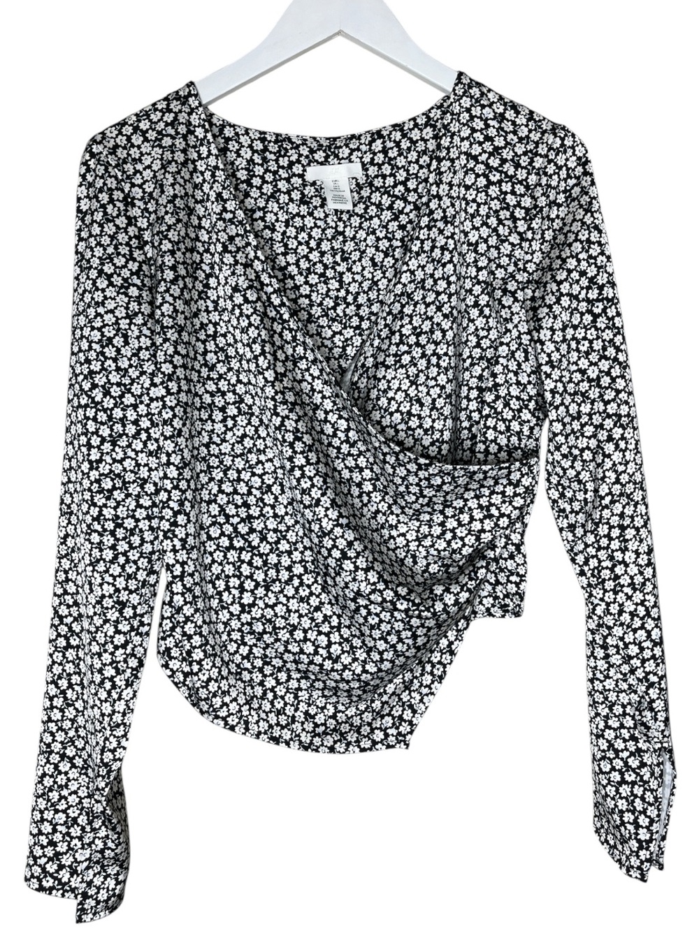 H&M Black White Floral Satin Faux Wrap Blouse Long Sleeve Zip Back Large